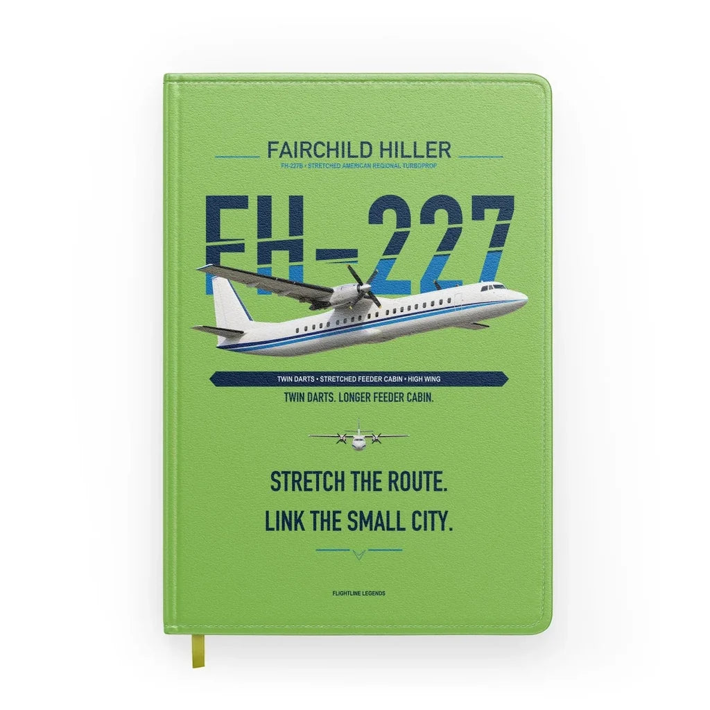 Fairchild Hiller FH-227B design on light green notebook