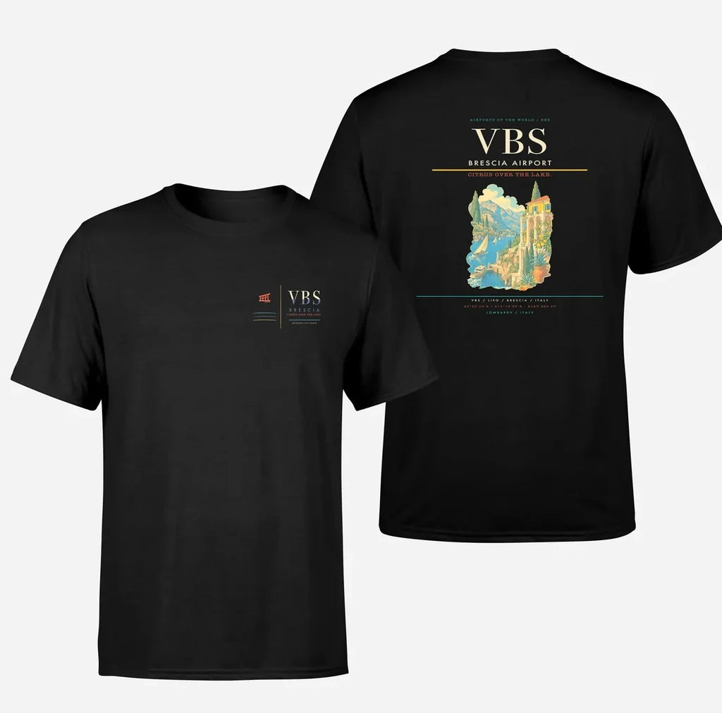 Brescia Airport (VBS) design printed on black double-side t-shirt