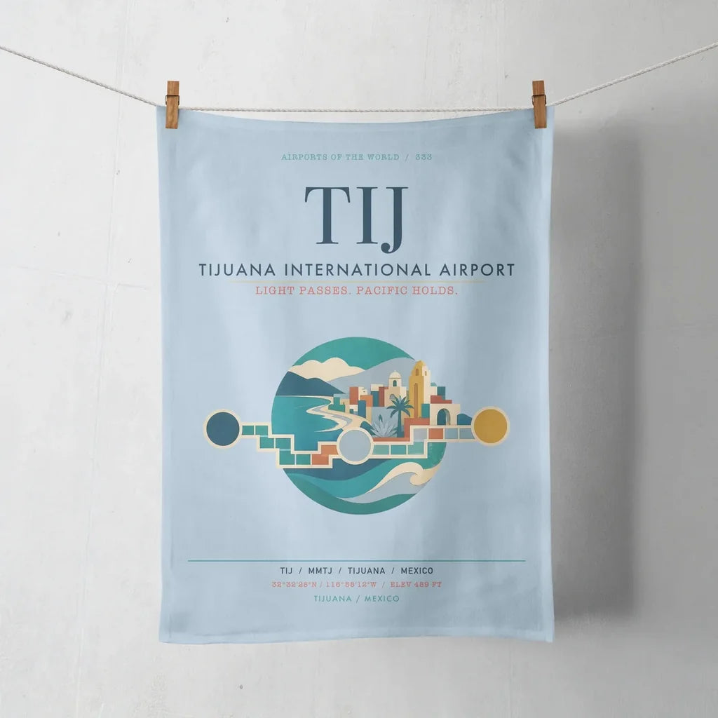 Tijuana International Airport (TIJ) design on light blue towel