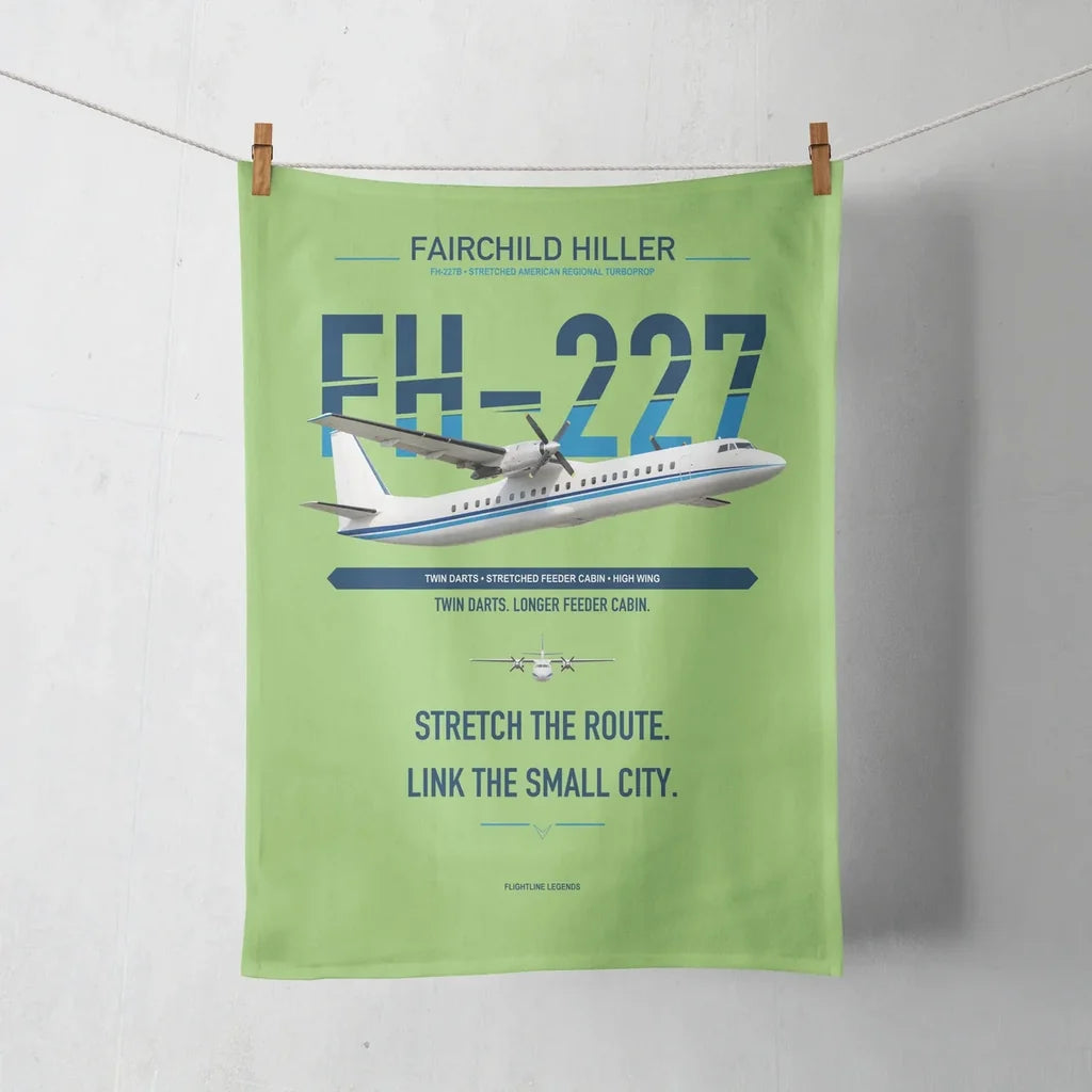 Fairchild Hiller FH-227B design on light green towel