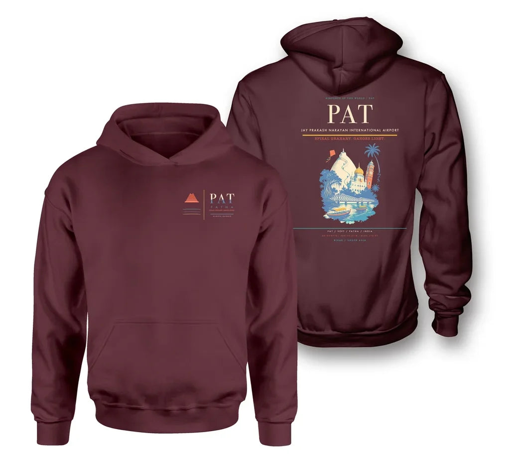 Jay Prakash Narayan International Airport (PAT) design on dark red double-side hoodie
