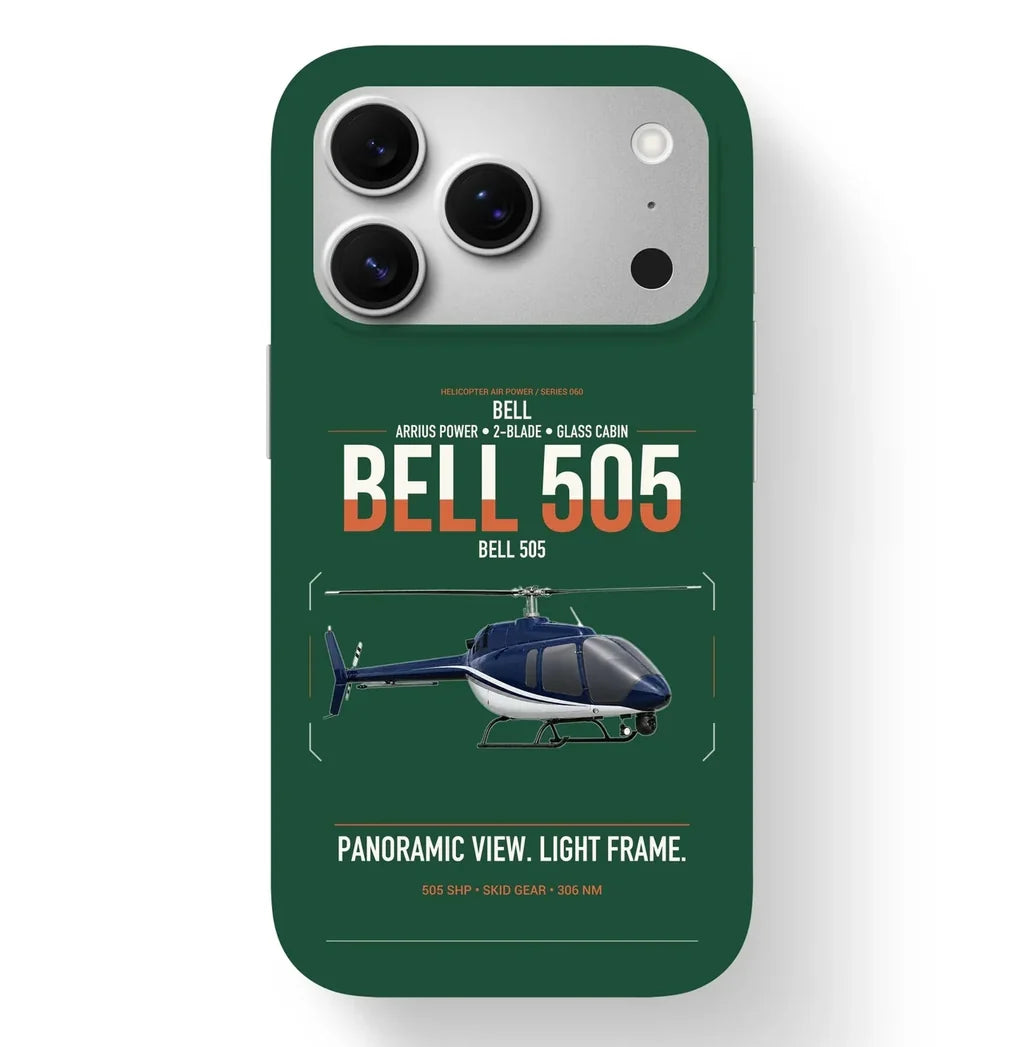 Bell 505 design on dark green magsafe iphone case, for iPhone 17 Pro