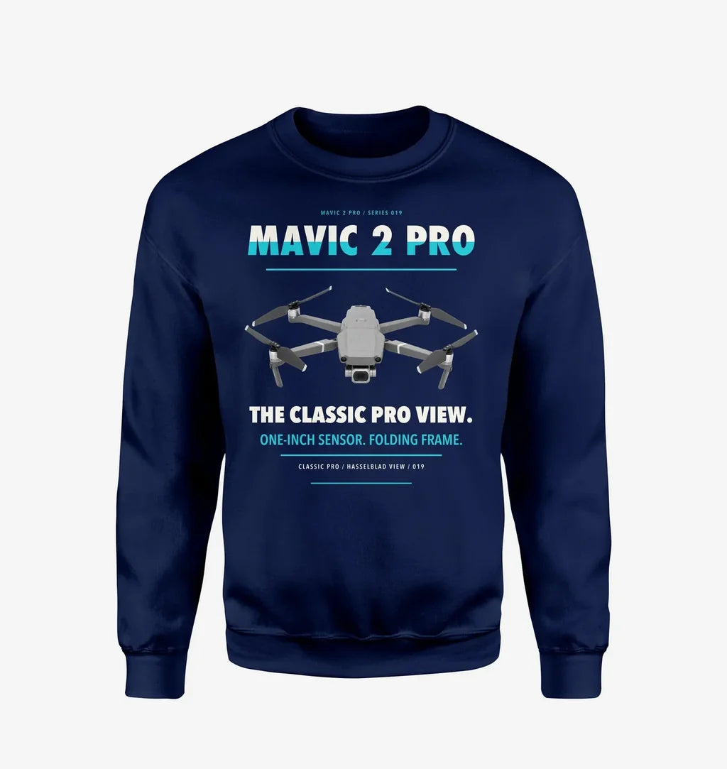 DJI Mavic 2 Pro design on navy blue sweatshirt