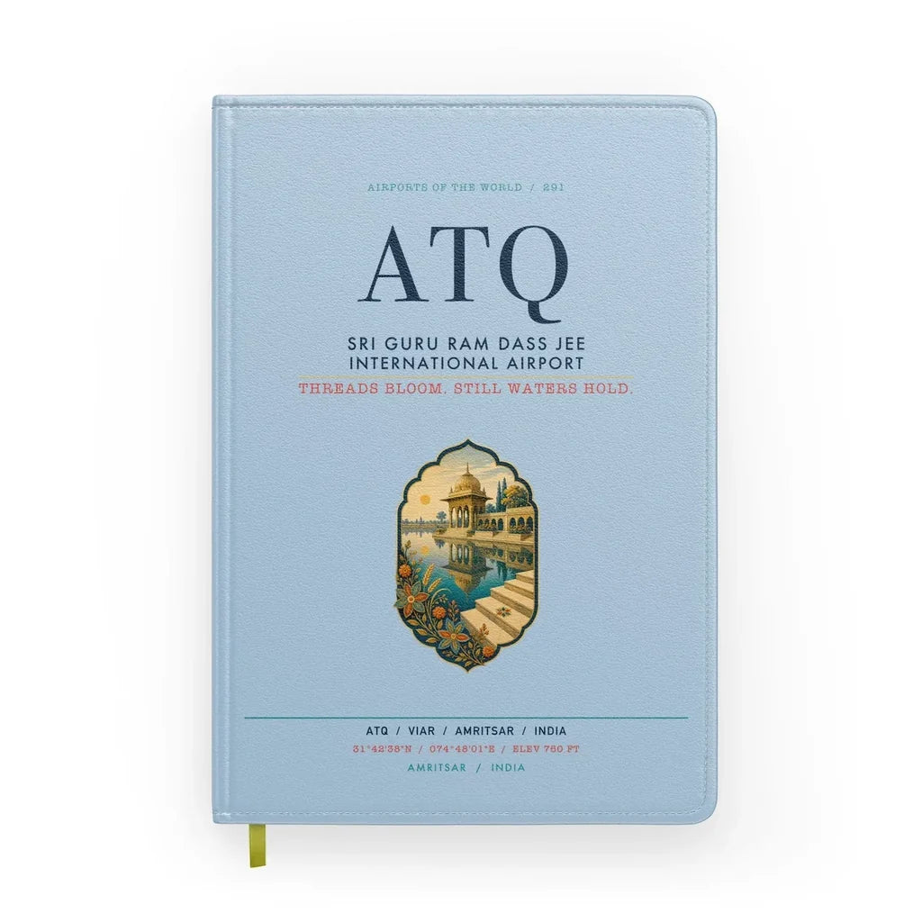 Sri Guru Ram Dass Jee International Airport Amritsar (ATQ) design on light blue notebook