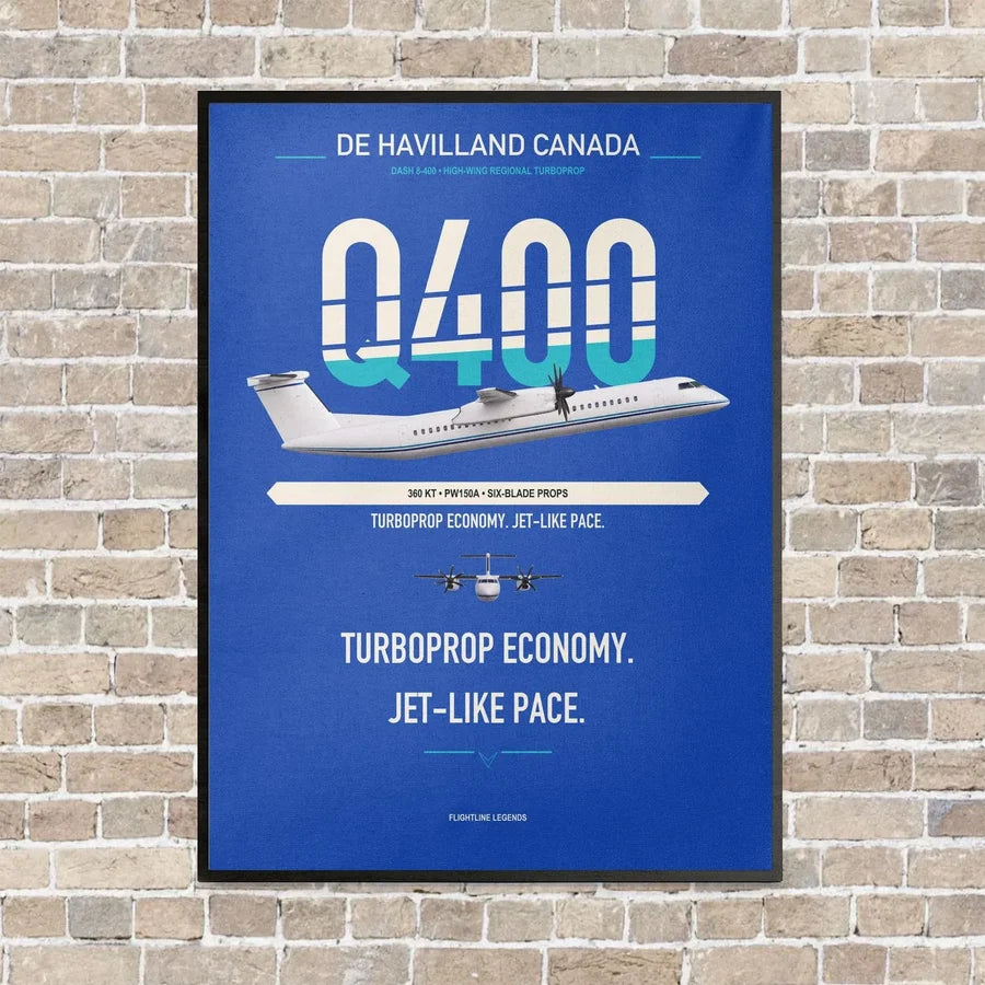 De Havilland Dash 8-400 vertical canvas print - framed - blue background