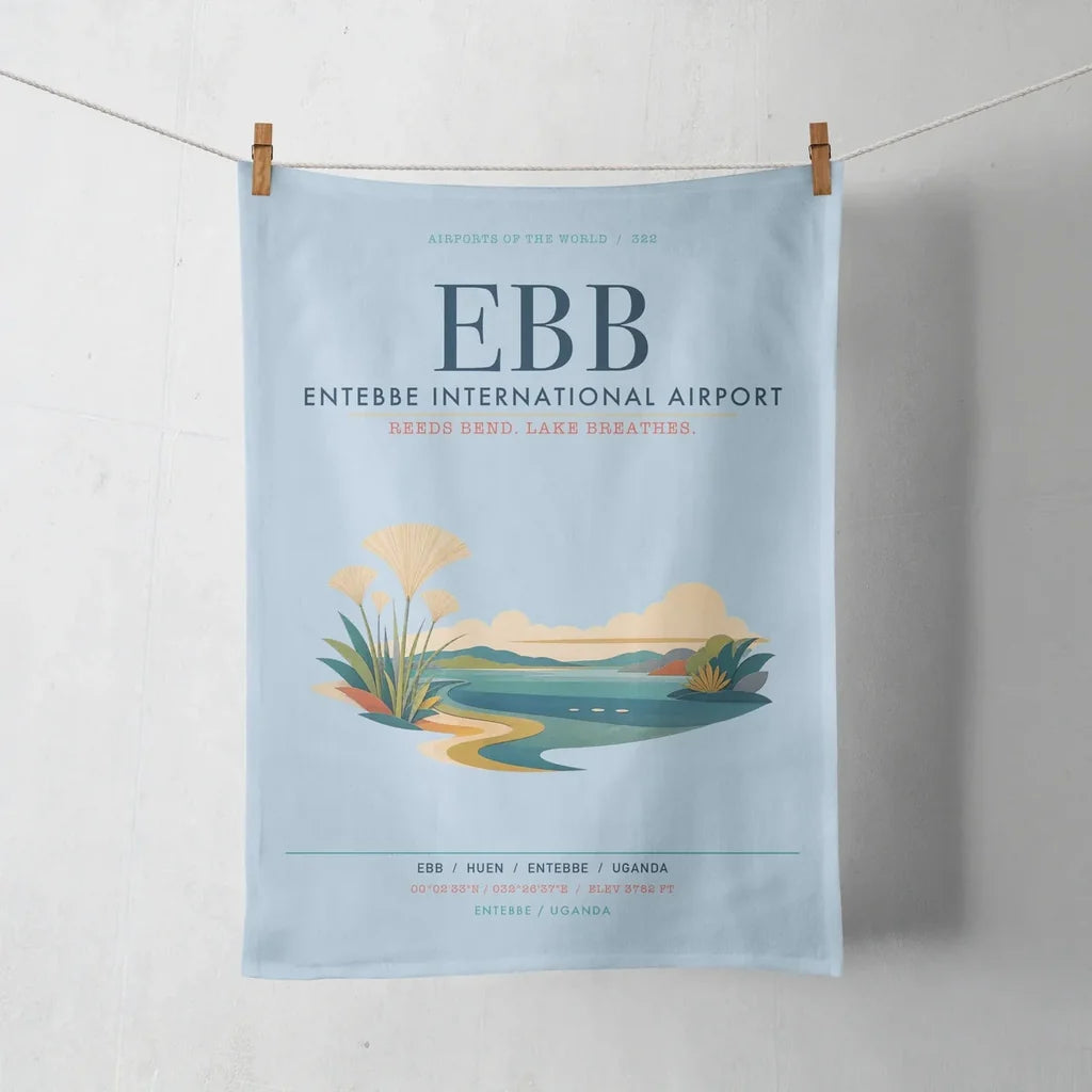Entebbe International Airport (EBB) design on light blue towel