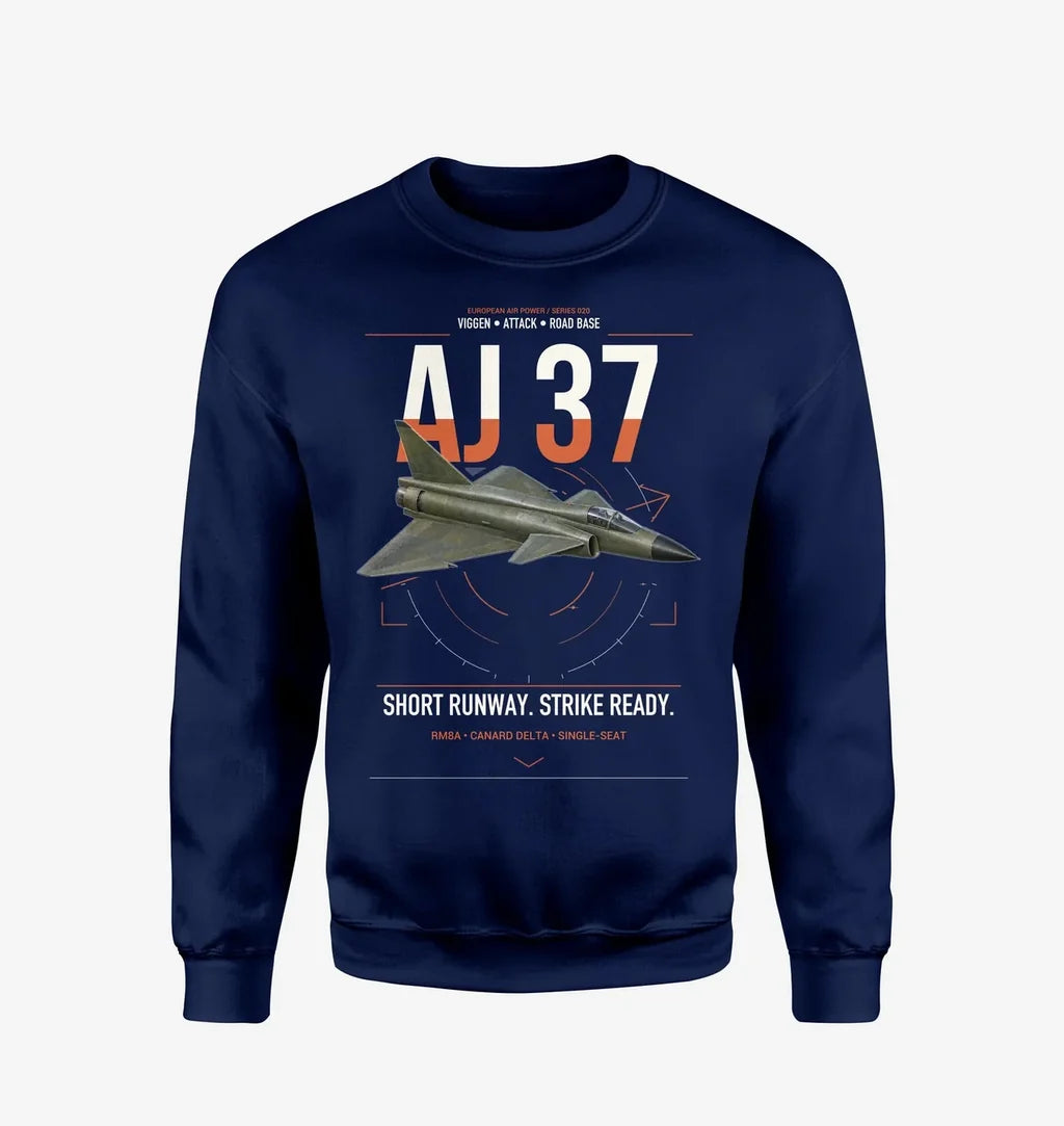 Saab AJ 37 Viggen design on navy blue sweatshirt