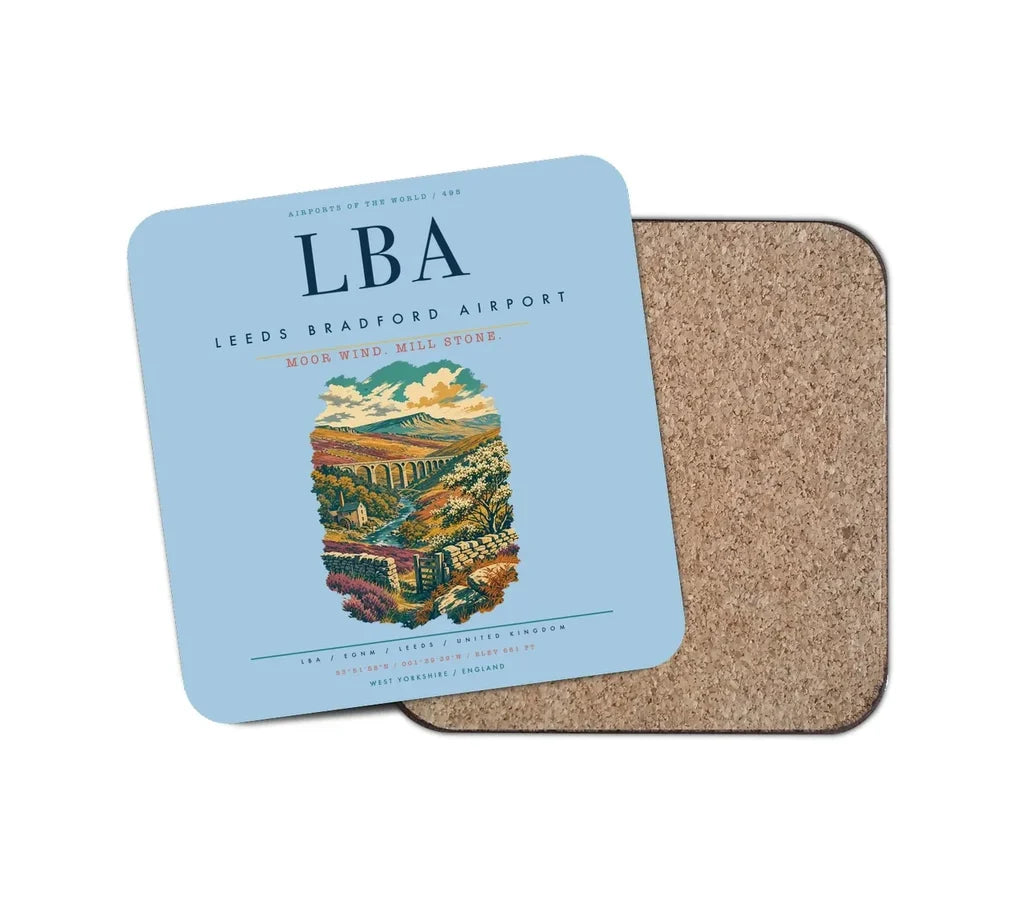 Leeds Bradford Airport (LBA) design on light blue 1 piece coaster