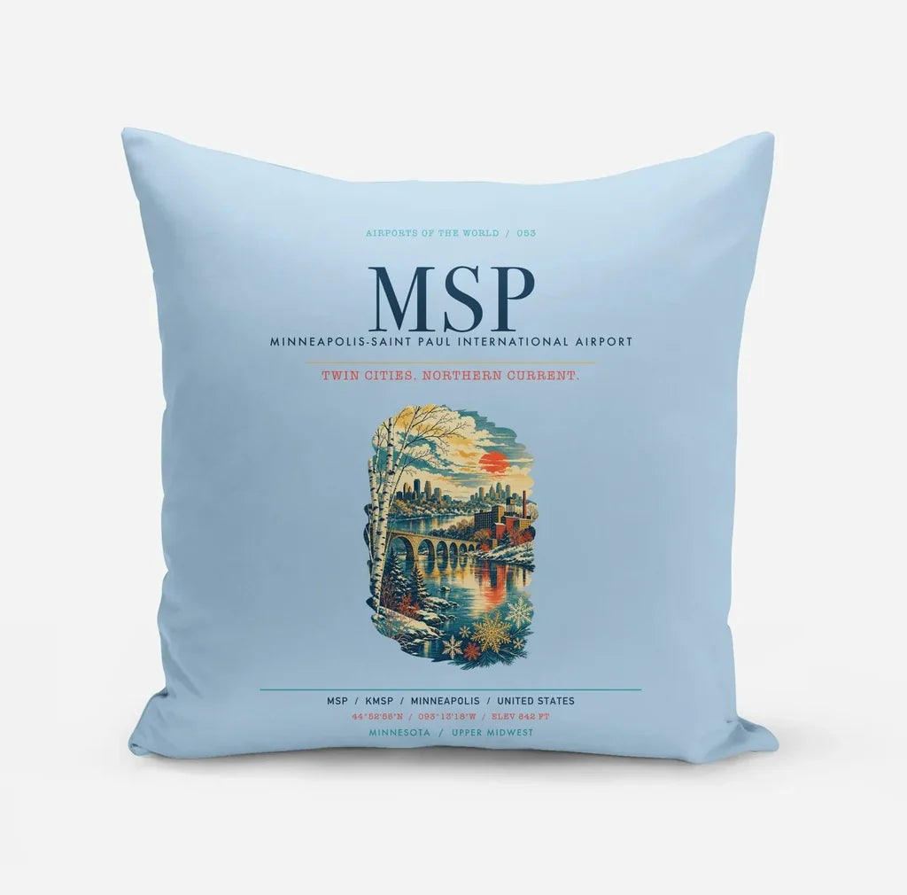 Minneapolis-Saint Paul International Airport (MSP) design on light blue pillow