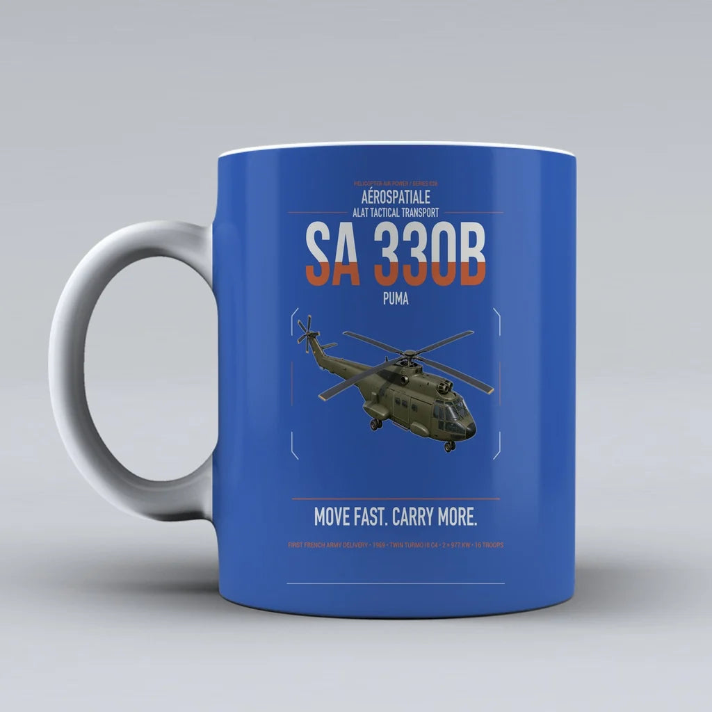 Aérospatiale SA 330B Puma design on blue ceramic mug, double-side print