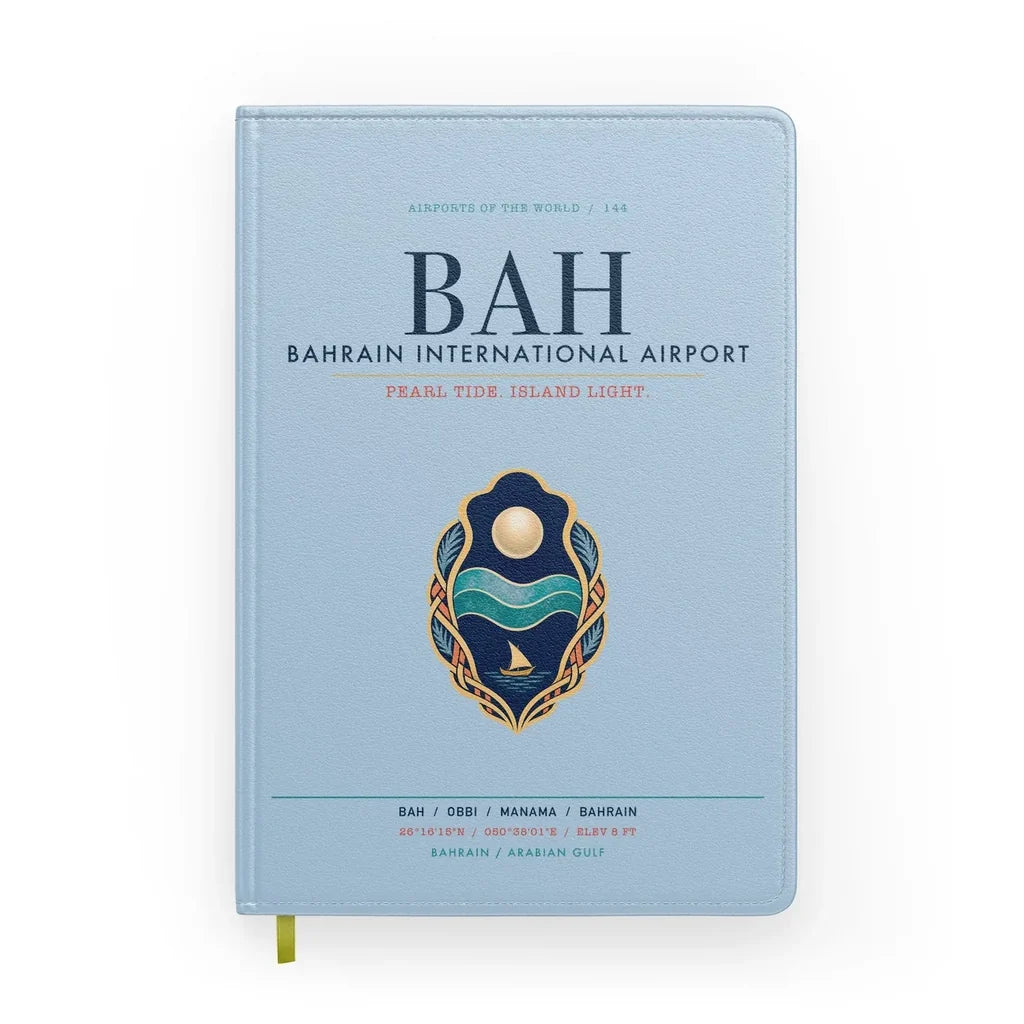 Bahrain International Airport (BAH) design on light blue notebook