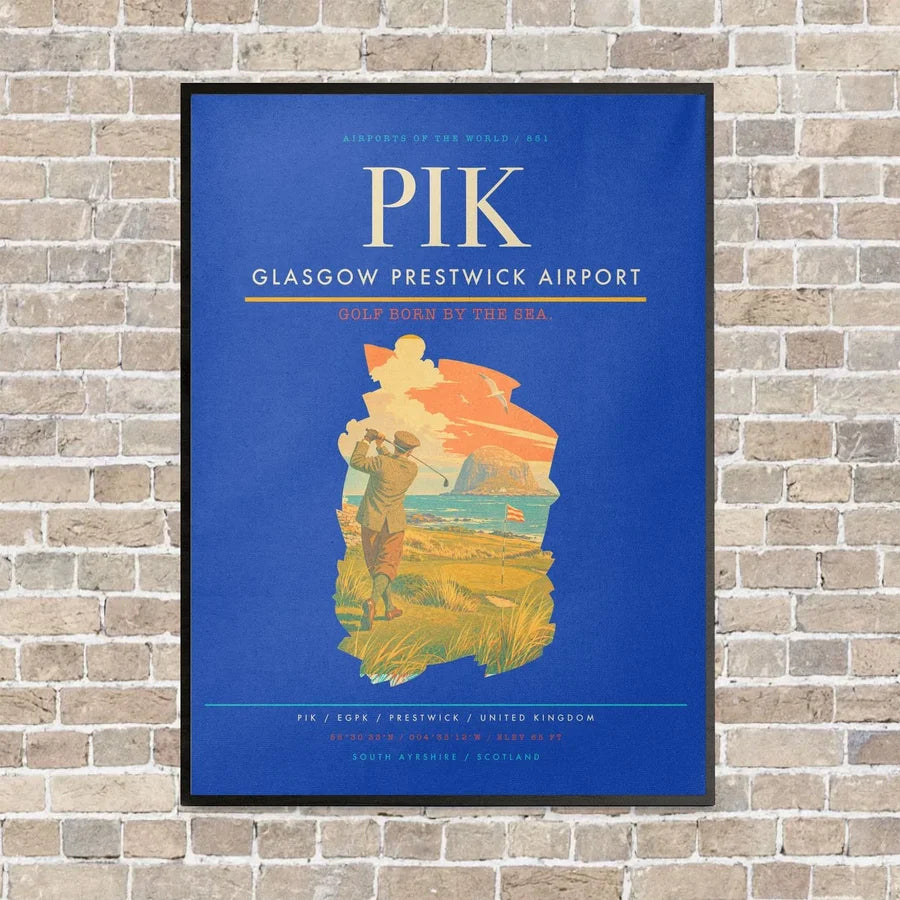 Glasgow Prestwick Airport PIK vertical canvas print - framed - blue background