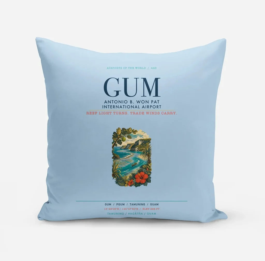 Antonio B. Won Pat International Airport (GUM) design on light blue pillow