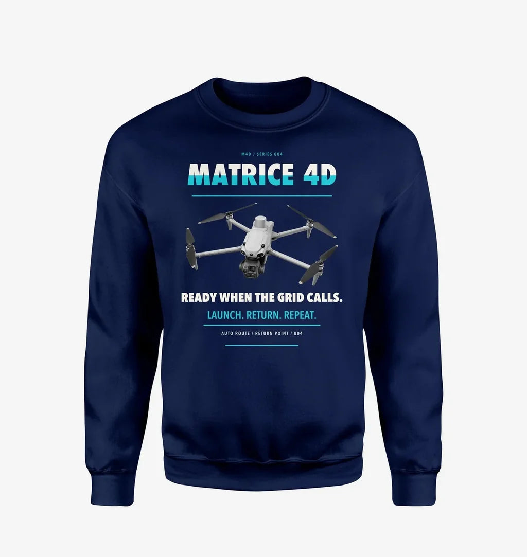 DJI Matrice 4D design on navy blue sweatshirt