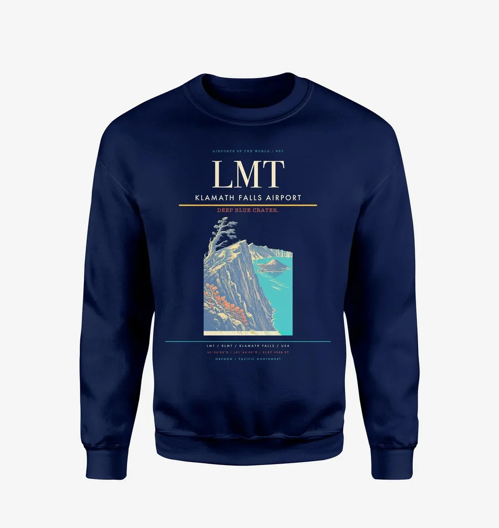 Klamath Falls Airport (LMT) design on navy blue sweatshirt