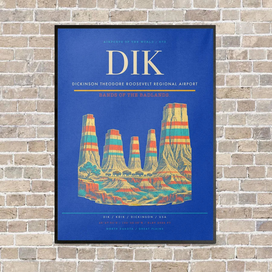 Dickinson Theodore Roosevelt Regional Airport DIK vertical canvas print - framed - blue background