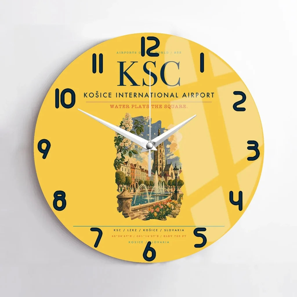Košice International Airport (KSC) design on yellow no frame wall clock