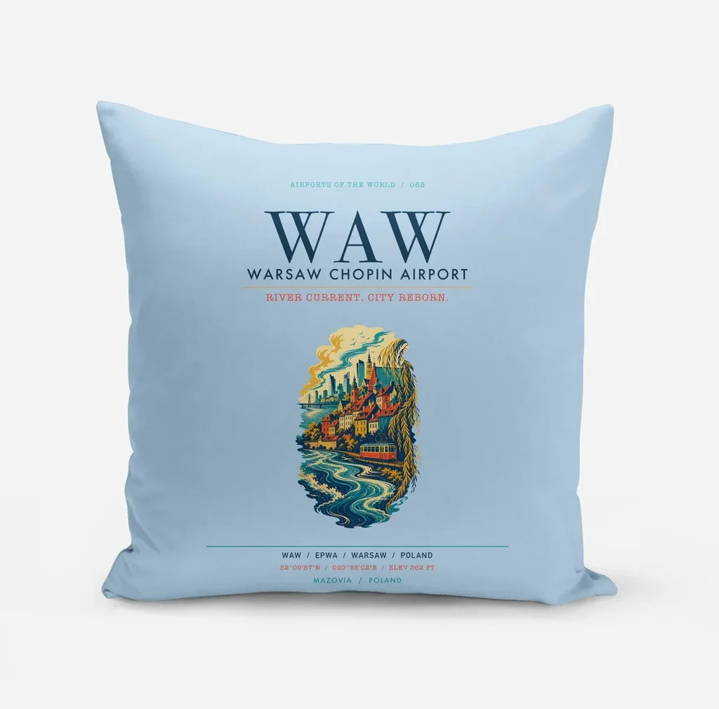 Warsaw Chopin Airport (WAW) design on light blue pillow