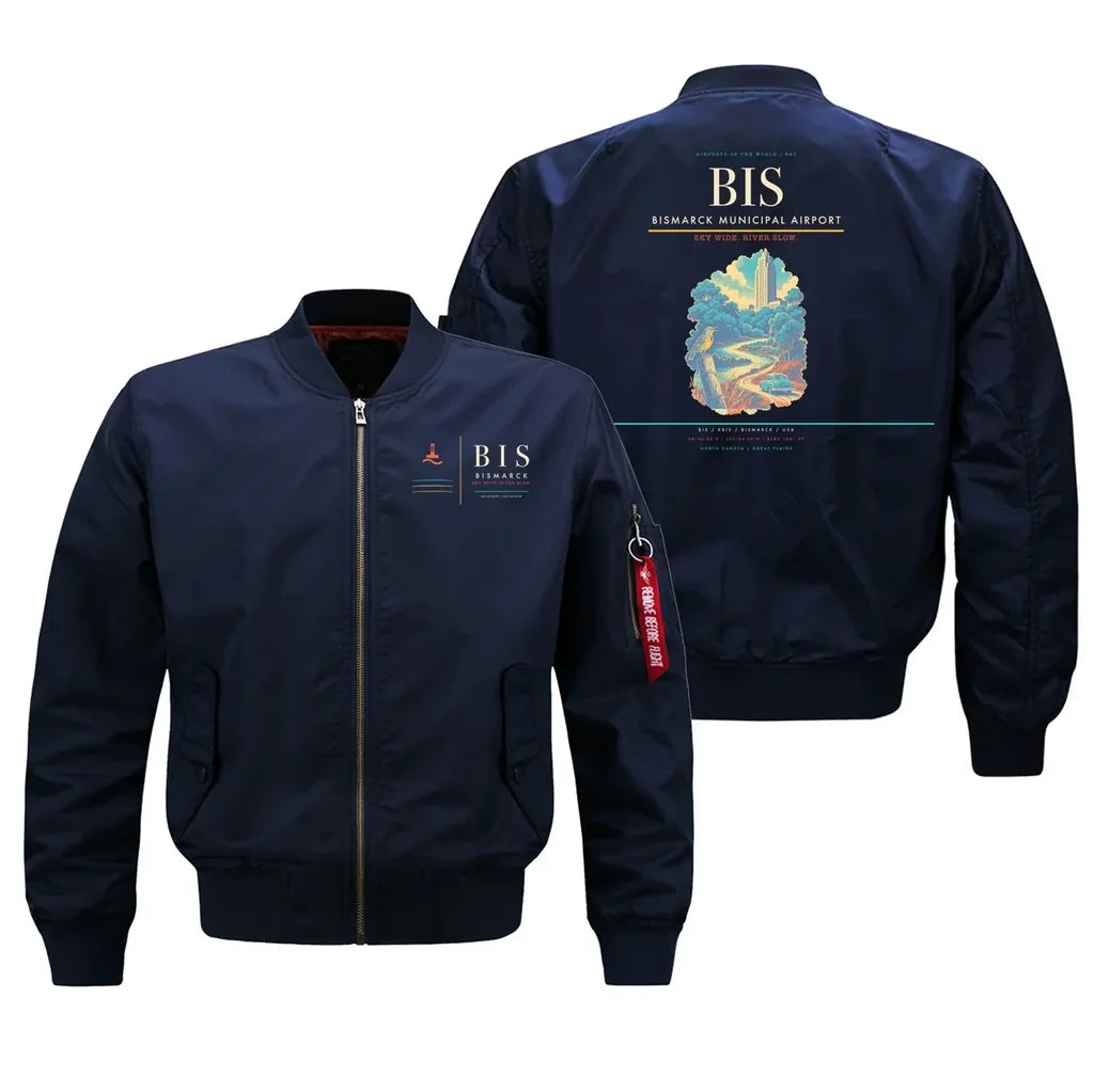 Bismarck Municipal Airport (BIS) design on blue bomber jacket
