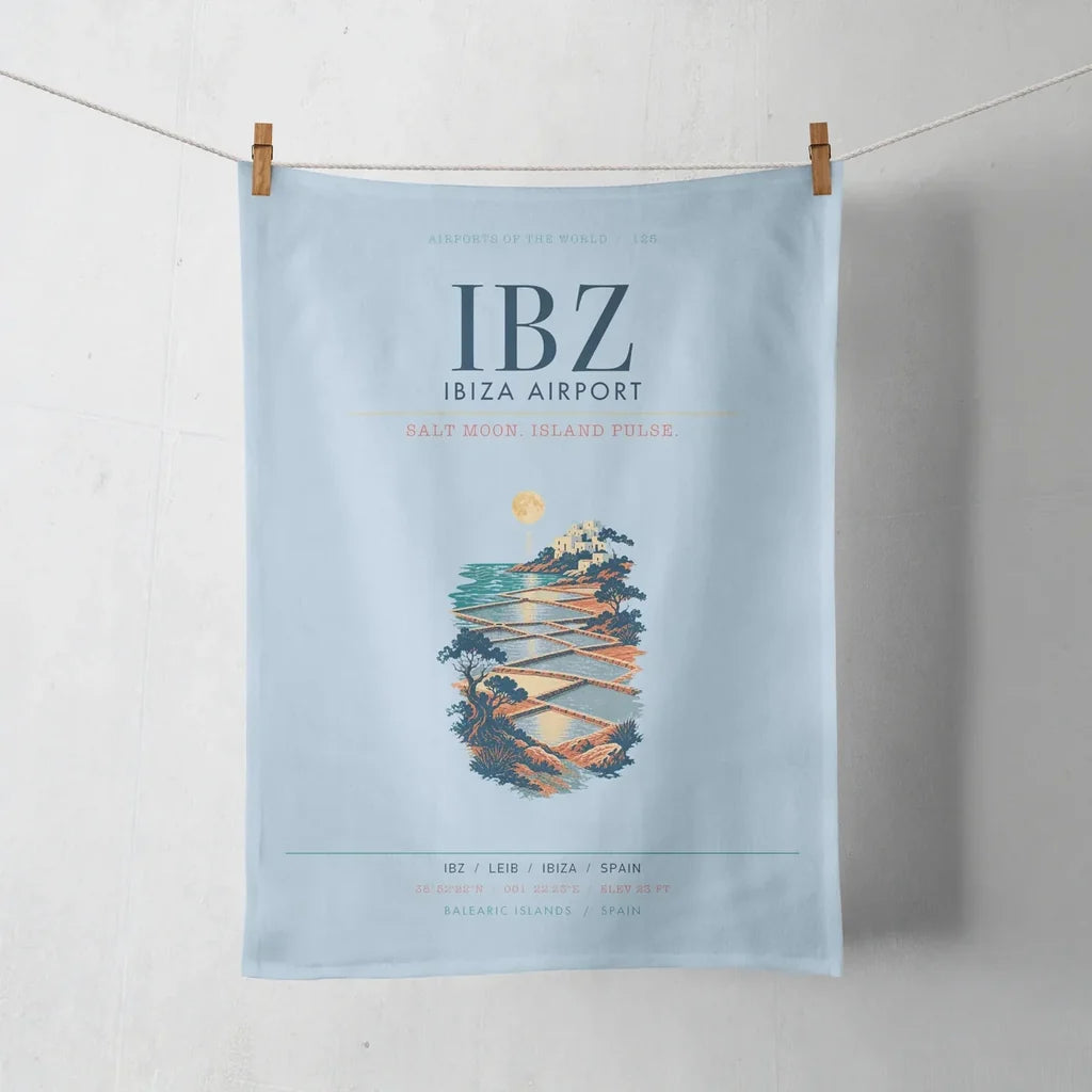 Ibiza Airport (IBZ) design on light blue towel