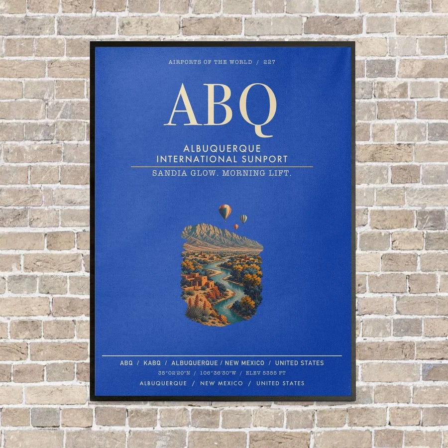 Albuquerque International Sunport ABQ vertical canvas print - framed - blue background