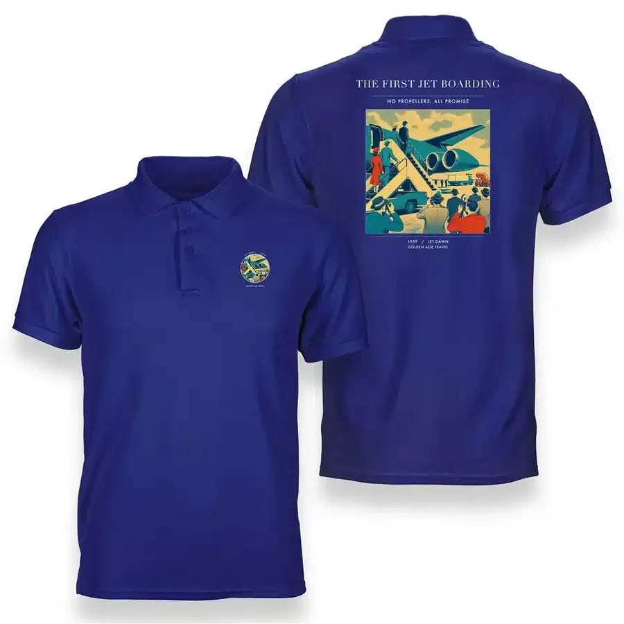 VINTAGE G4228 - The First Jet Boarding - Double-Side Polo T-Shirt design on blue