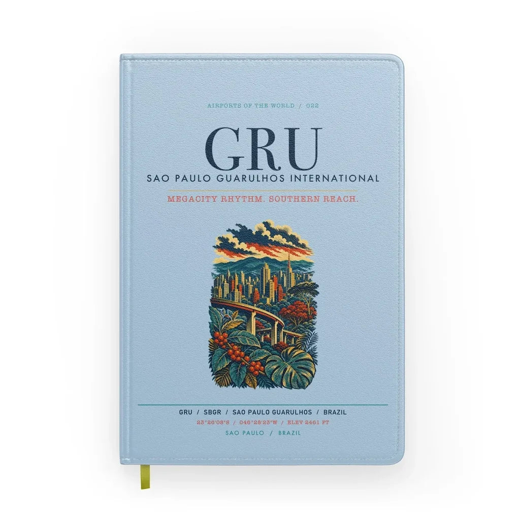 Sao Paulo Guarulhos International Airport (GRU) design on light blue notebook
