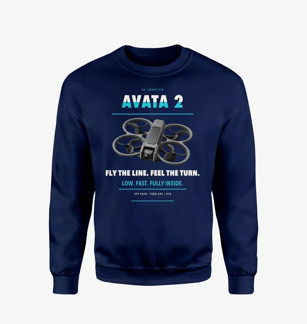 DJI Avata 2 design on navy blue sweatshirt
