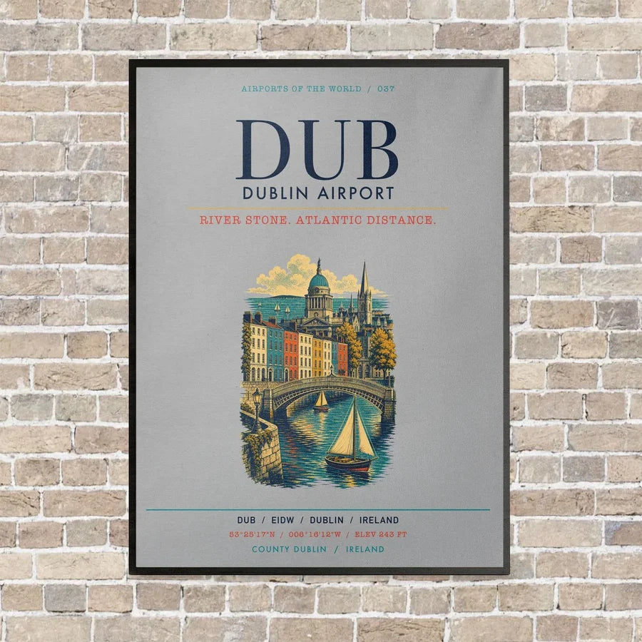 Dublin Airport DUB vertical canvas print - framed - light gray background