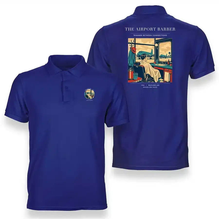 VINTAGE G4377 - The Airport Barber - Double-Side Polo T-Shirt design on blue