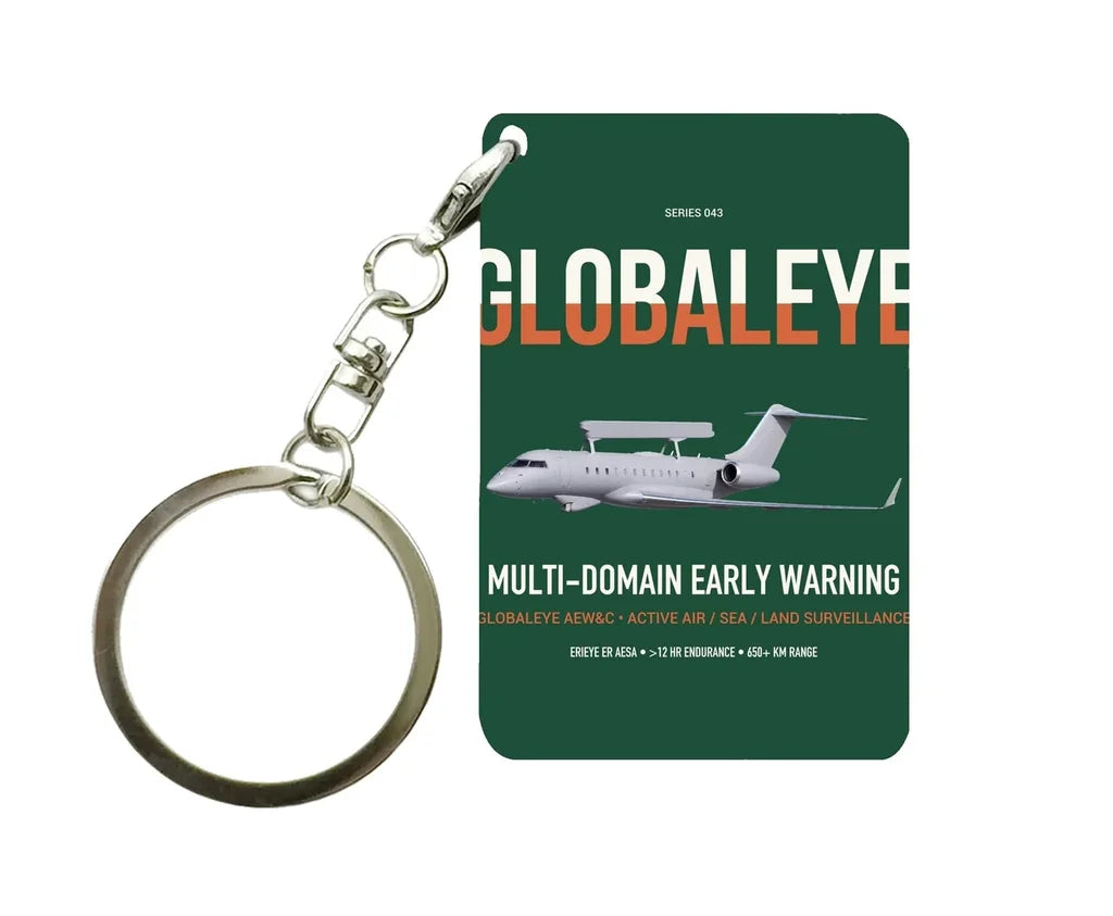 Saab GlobalEye design on dark green designed key chain, double-side print