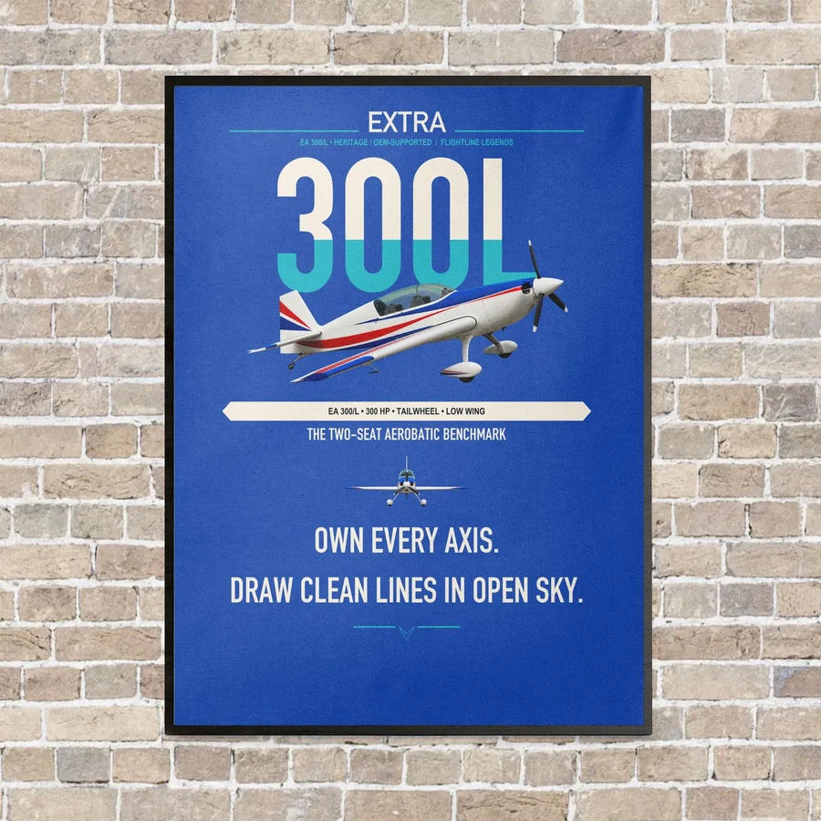 Extra 300L vertical canvas print - framed - blue background