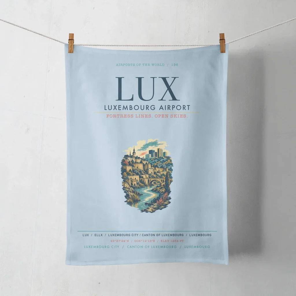 Luxembourg Airport (LUX) design on light blue towel