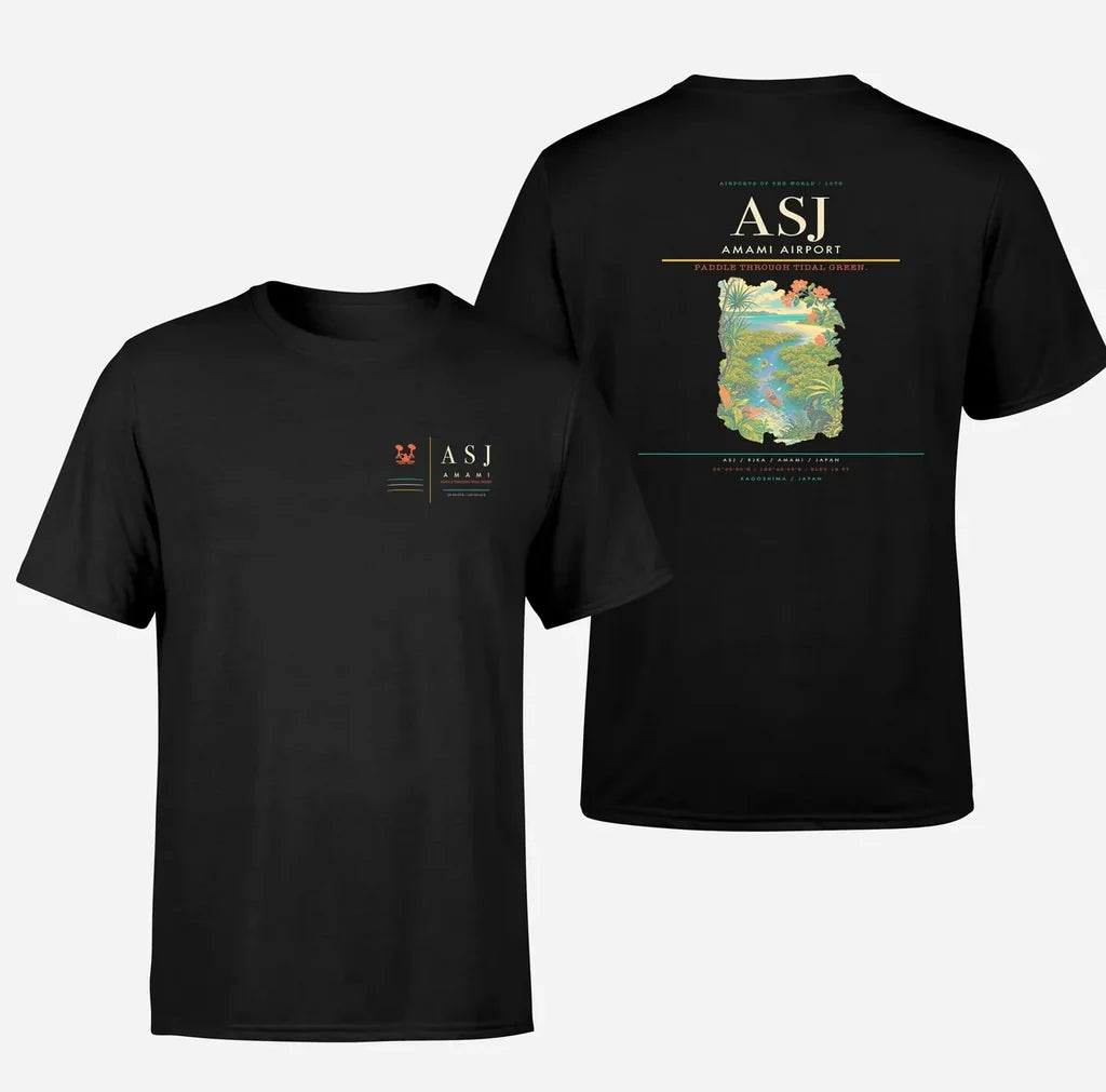 Amami Airport (ASJ) design printed on black double-side t-shirt