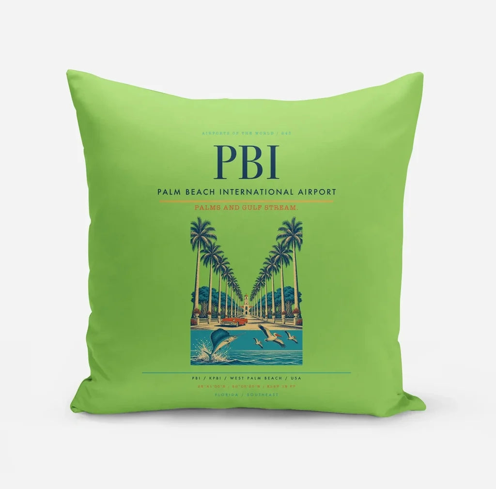 Palm Beach International Airport (PBI) design on light green pillow