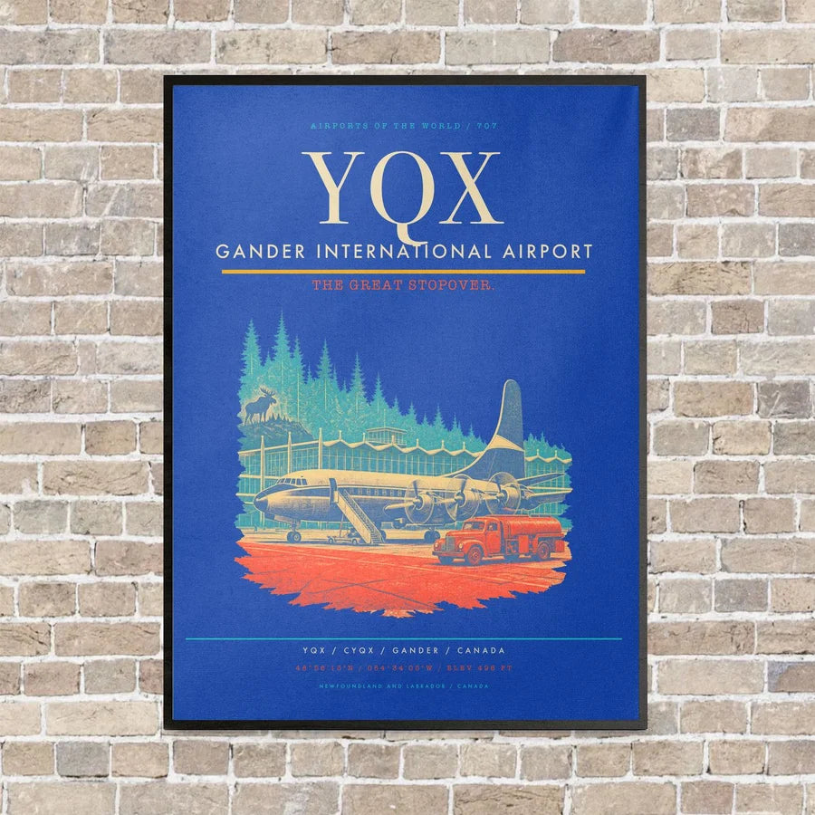 Gander International Airport YQX vertical canvas print - framed - blue background