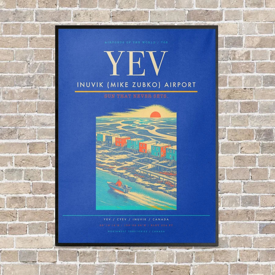 Inuvik (Mike Zubko) Airport YEV vertical canvas print - framed - blue background