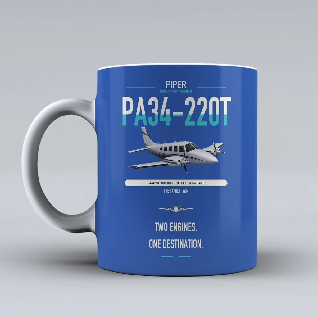 Piper PA-34-220T Seneca V design on blue ceramic mug, double-side print