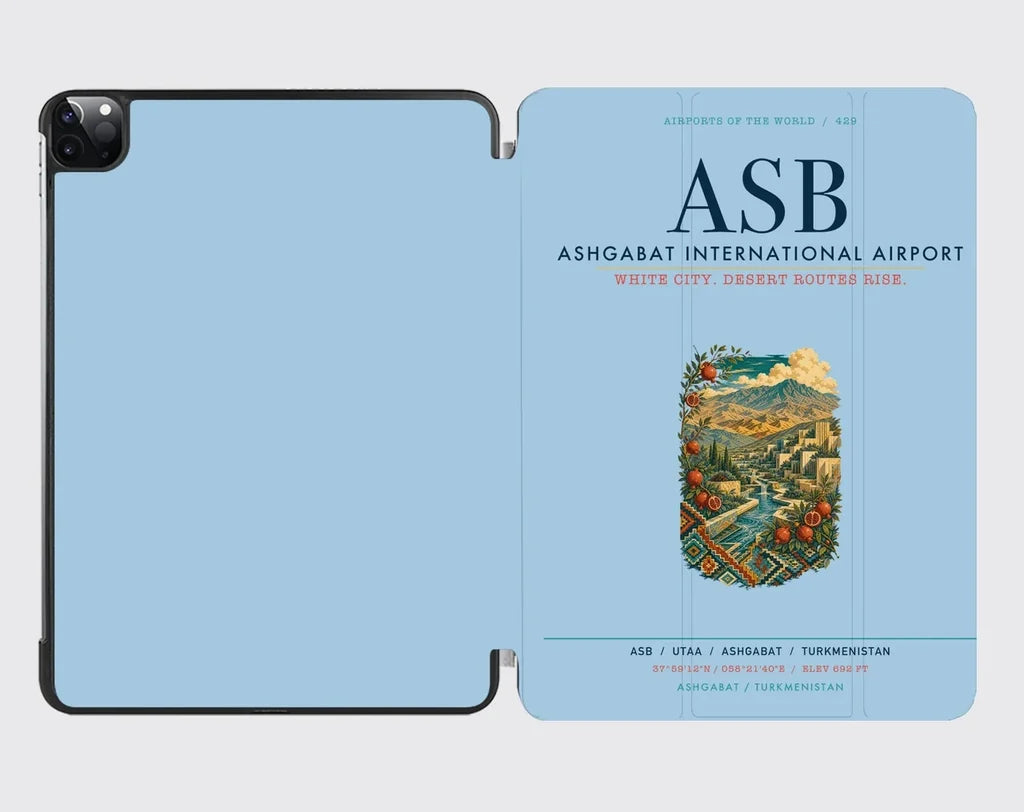 Ashgabat International Airport (ASB) design on light blue ipad tablet case