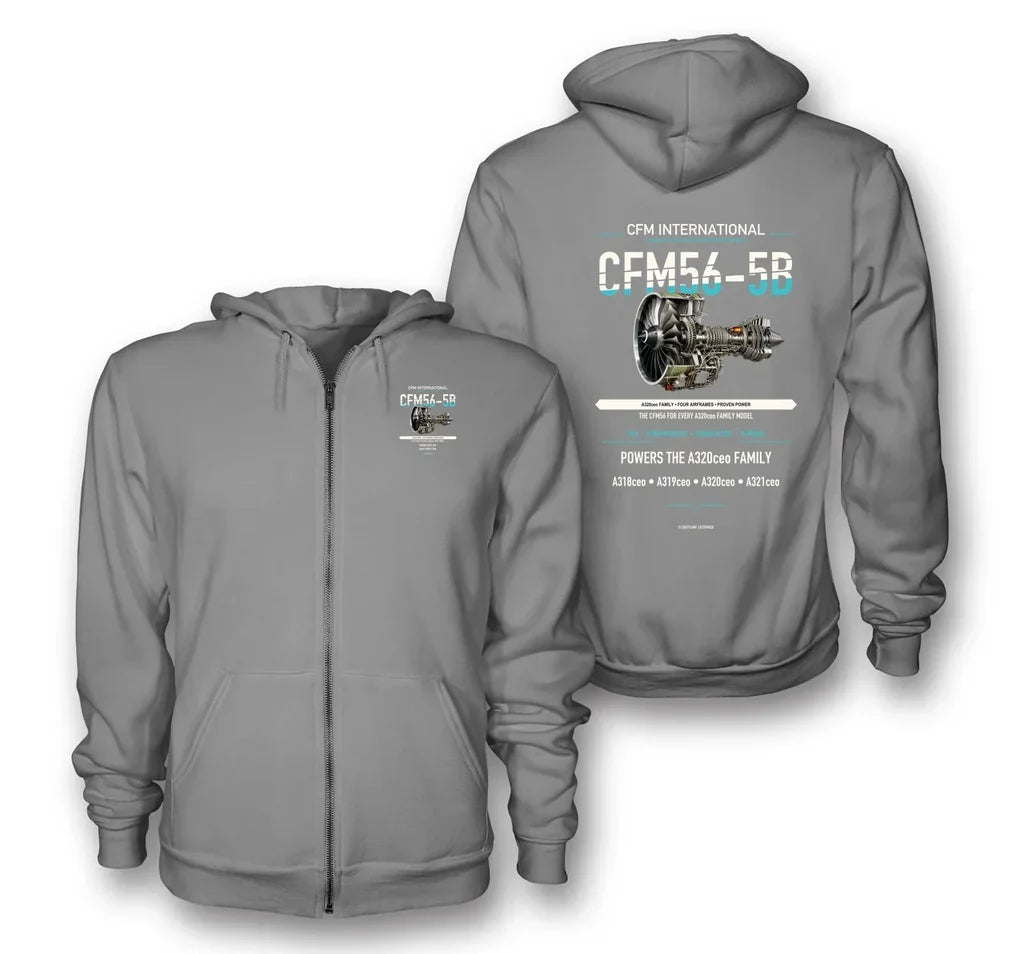 CFM56-5B design on gray zipped hoodie