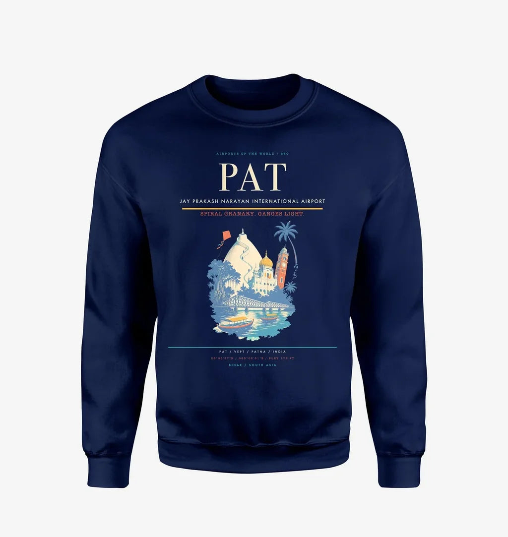 Jay Prakash Narayan International Airport (PAT) design on navy blue sweatshirt