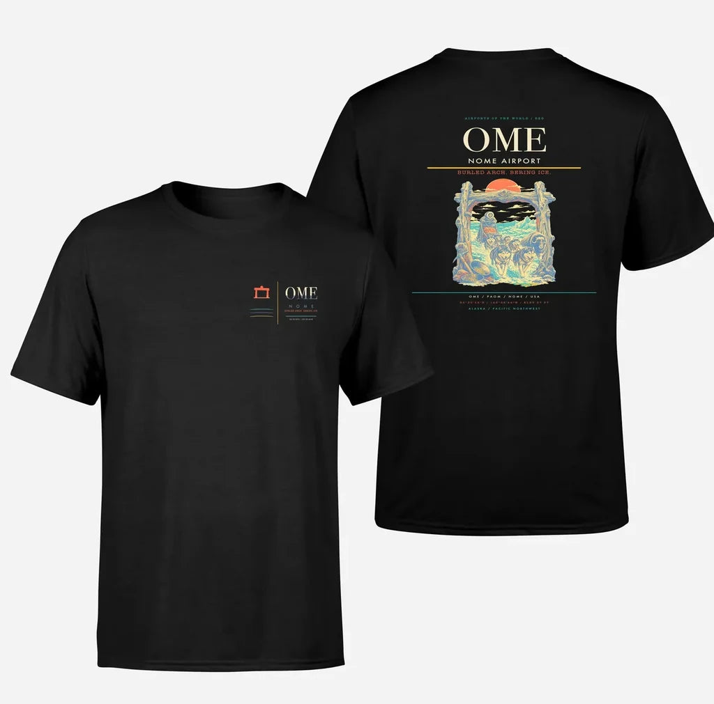 Nome Airport (OME) design printed on black double-side t-shirt