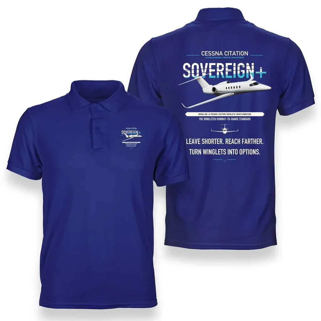 Cessna Citation Sovereign+ design on blue double-side polo t-shirt, double-side print
