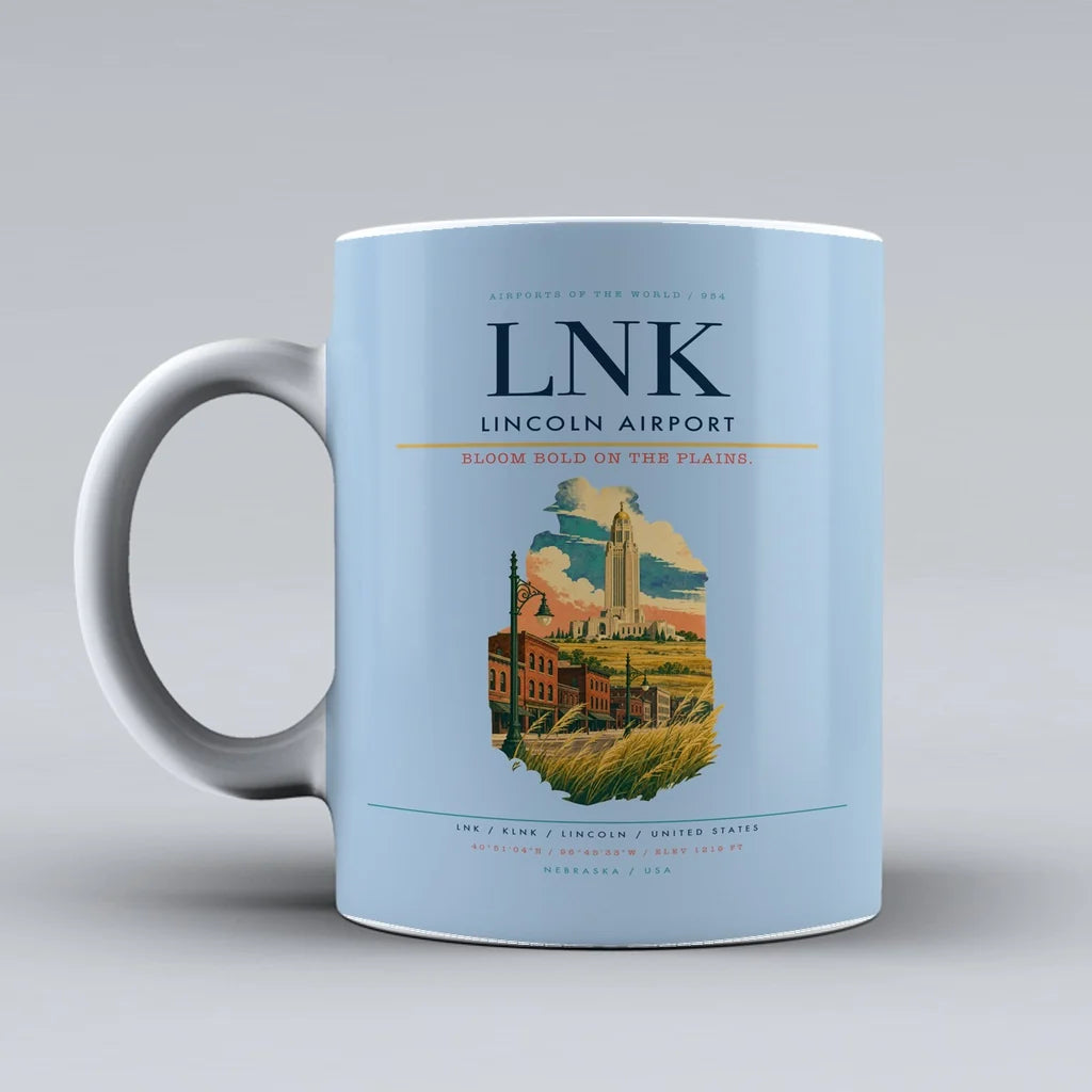 Lincoln Airport (LNK) airport code design on light blue ceramic mug