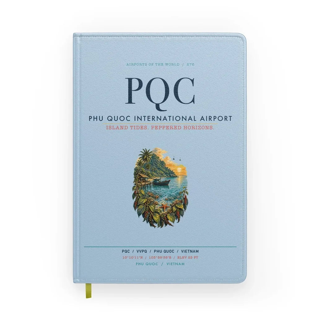 Phu Quoc International Airport (PQC) design on light blue notebook