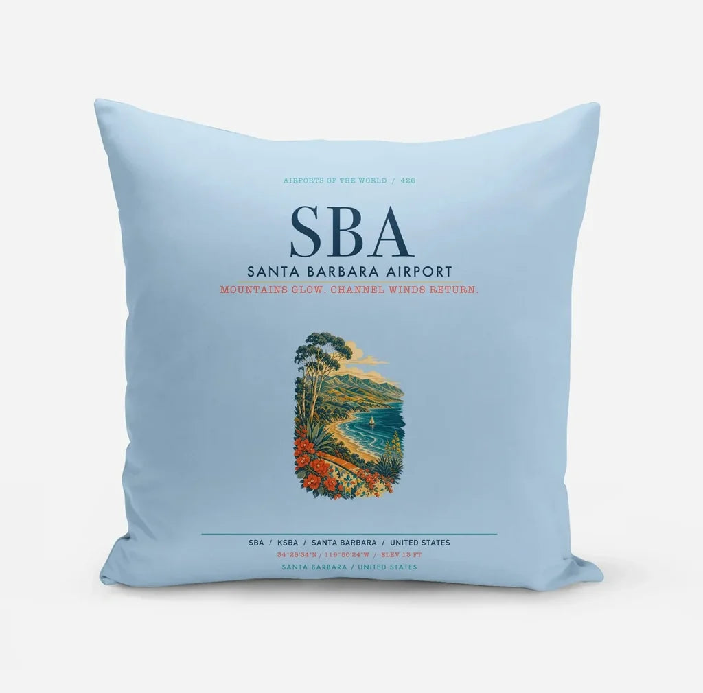 Santa Barbara Airport (SBA) design on light blue pillow