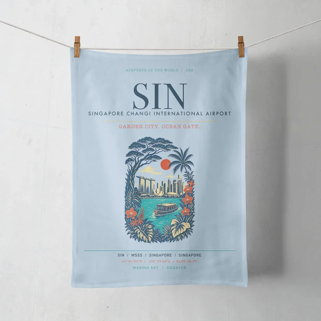 Singapore Changi International Airport (SIN) design on light blue towel