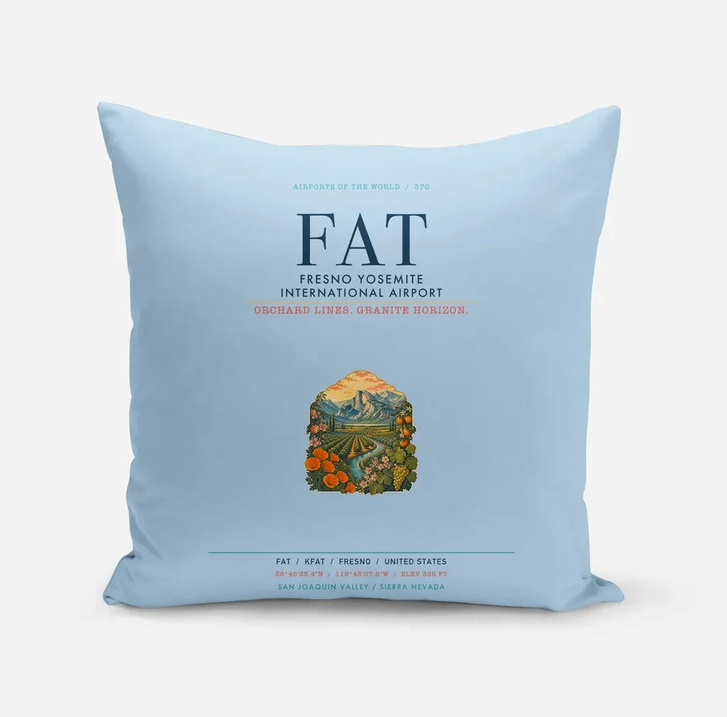 Fresno Yosemite International Airport (FAT) design on light blue pillow