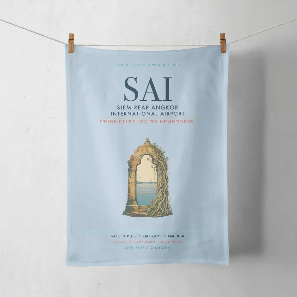 Siem Reap Angkor International Airport (SAI) design on light blue towel