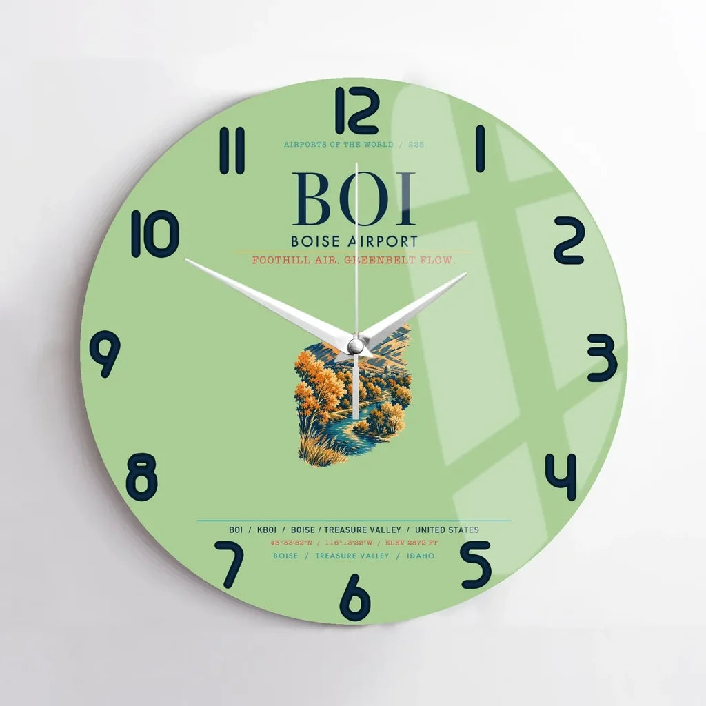 Boise Airport (BOI) design on light green no frame wall clock
